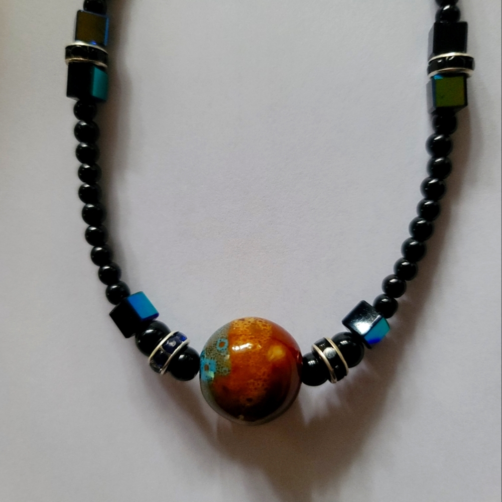 RARE CATS EYE COCONUT PENDANT EBONY BLACK ARTESAN DESIGNED ORIGINAL 16"CHOKER NE